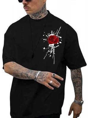 Erkek Bisiklet Yaka Kısa Kol Baskılı T-shirt - Siyah