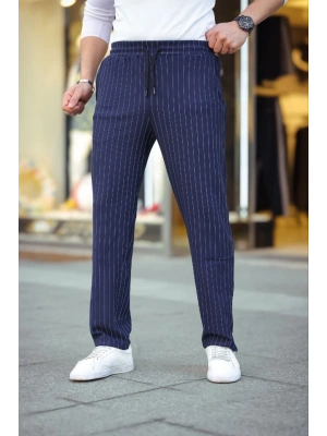 Erkek Cizgili Dokuma Krep Jogger Buggy Pantalon Rahat Kalıp - Lacivert