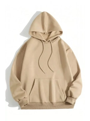 Erkek Düz Kapüşonlu Sweat - Bej