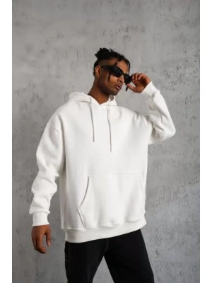 Erkek Düz Kapüşonlu Sweat - Beyaz