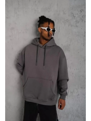 Erkek Düz Kapüşonlu Sweat - Gri