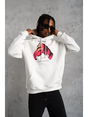 Erkek Eldiven Baskılı Kapüşonlu Sweat - Beyaz