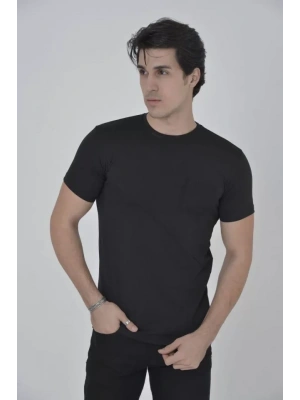 Erkek File Cepli Slim Fit T-shirt - Siyah