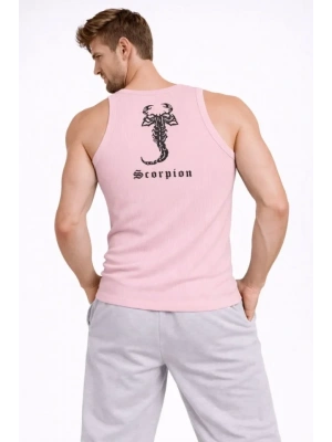 Erkek Fitilli Atlet Sıfır Yaka Slim Fit Arka Baskılı Spor Atlet - Pembe