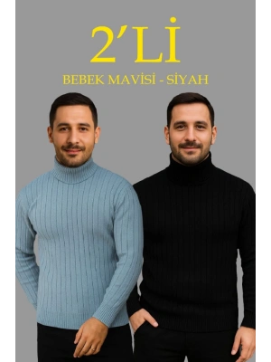 Erkek Fitilli Triko Kazak 2li Set Bebek Mavisi Siyah Regular Balıkcı Yaka Tam Boğazlı Triko Seti Modeli Kazak