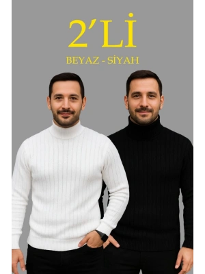 Erkek Fitilli Triko Kazak 2li Set Beyaz Siyah Regular Balıkcı Yaka Tam Boğazlı Triko Seti Modeli Kazak