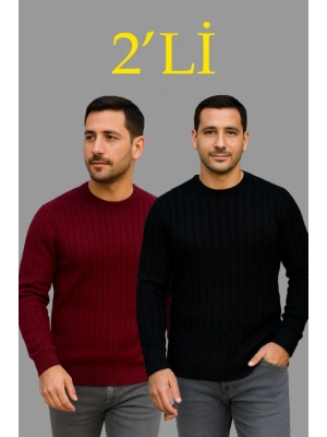 Erkek Fitilli Triko Kazak 2’li Set – Siyah - Bordo, Kalın Dokuma Pamuklu Regular Fit Bisiklet Yaka Uzun Kollu Rahat Kışlık Kazak Kombini