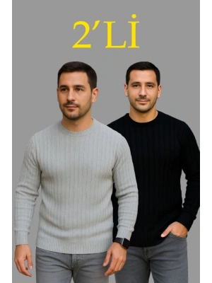 Erkek Fitilli Triko Kazak 2’li Set – Siyah - Gri, Kalın Dokuma Pamuklu Regular Fit Bisiklet Yaka Uzun Kollu Rahat Kışlık Kazak Kombini