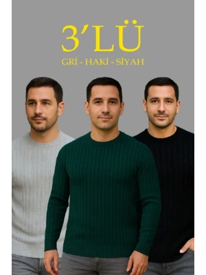 Erkek Fitilli Triko Kazak 3lü Set Gri Haki Siyah Regular Fit Bisiklet Yaka Triko Seti Modeli Kazak