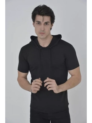 Erkek Kapşonlu Slim Fit T-shirt - Siyah