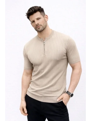 Erkek Kısa Kol Fitilli Triko T-Shirt Yazlık Hakim Yaka Tişört - Bej