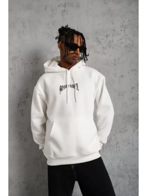Erkek Kordon İpli Baskılı Kapüşonlu Sweatshirt - Beyaz