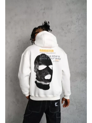 Erkek Kordonlu Maske Baskılı Kapüşonlu Sweat - Beyaz