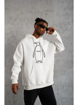 Erkek Nihilist Penguen Özel Tasarım Oversize Kapüşonlu Sweatshirt - Beyaz