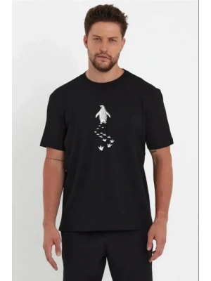 Erkek Nihilist Penguen Temalı Oversize Bisiklet Yaka Tişört - Siyah