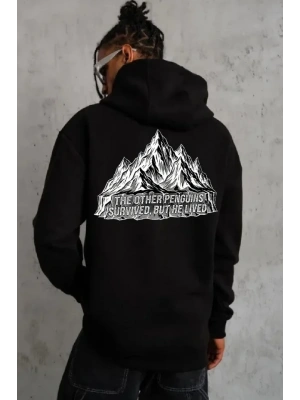Erkek Nihilist Penguen Temalı Oversize Kapüşonlu Sweatshirt - Siyah