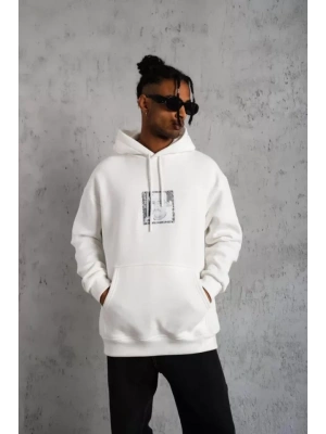 Erkek Ön Arka Baskılı Kapşonlu Sweat - Beyaz