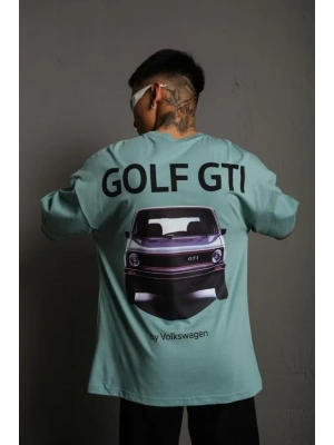 Erkek Oversize Baskılı Tişört – Golf GTI Retro Araba Desenli, Ön - Arka Dijital Baskı, Sokak Modası Stil - Mint Yeşili