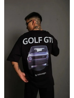 Erkek Oversize Baskılı Tişört – Golf GTI Retro Araba Desenli, Ön - Arka Dijital Baskı, Sokak Modası Stil - Siyah
