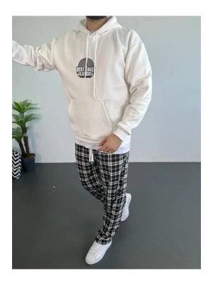 Erkek Oversize Üç İplik Kapüşonlu Sweatshirt – Beyaz Ön Baskılı, Kanguru Cepli, Rahat Kalıp, İçi Pamuklu Model