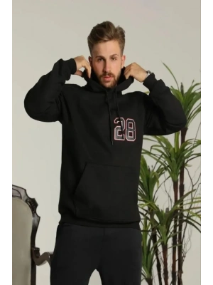 Erkek Oversize Üç İplik Kapüşonlu Sweatshirt –Sırt Ve Ön Baskılı, Kanguru Cepli, Rahat Kalıp Maskot Desenli Model - Siyah