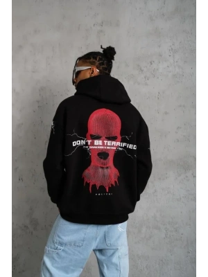 Erkek Oversize Üç İplik Kapüşonlu Sweatshirt – Siyah “Don’t Be Terrified” Ön, Sırt Ve Kol Baskılı, Kanguru Cepli, Ribanalı Rahat Model- Siyah