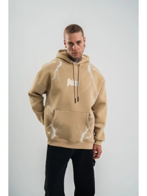 Erkek Şimşek Baskılı Kapşonlu Sweatshirt Üç İplik Pamuklu Kanguru Cepli Double Oversize Hoodie - Bej