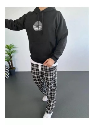 Erkek Sırt Baskılı Kapüşonlu Üç İplik Oversize Sweatshirt - Siyah