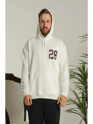 Erkek Sırt Baskılı Oversize Üç İplik Kapüşonlu Sweatshirt - Beyaz
