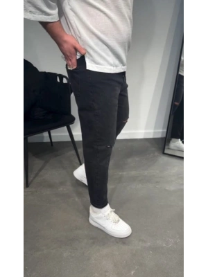 Erkek Siyah Dizi Yırtık Boyfriend Jean