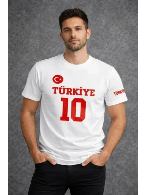 Erkek TÜRKİYE Ay Yıldız Baskılı 10 Numara Forma Tişört Taraftar T-Shirt - Beyaz