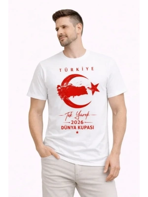 Erkek TÜRKİYE Ay Yıldız Baskılı Taraftar Forma T-Shirt - Beyaz
