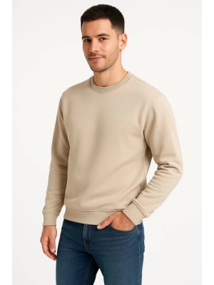 Erkek Üç İplik Düz Bisiklet Yaka SweatShirt - Bej