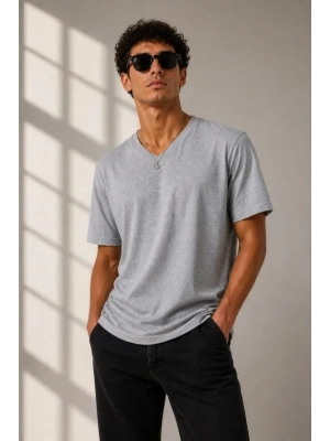 Erkek V Yaka Basic Tişört Kısa Kol Yazlık Regular Fit T-Shirt - Gri