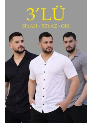 Erkek Waffle Dokuma Açık Yakalı Düğmeli Regular Kalıp 3’lü Gömlek Seti - Siyah, Beyaz, Gri