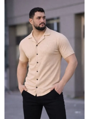 Erkek Waffle Kumaş Kısa Kollu Düğmeli Açık Yaka Regular Fit Gömlek - Bej