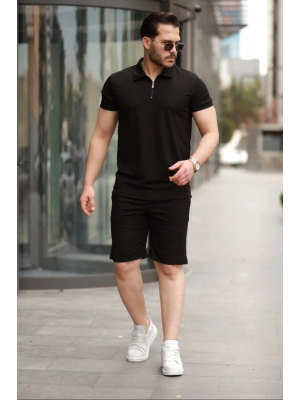Erkek Yakalı Fermuarlı T-shirt şort Ikili Takım