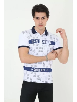 Erkek Yakalı Slim Fit Baskılı T-Shirt - Beyaz