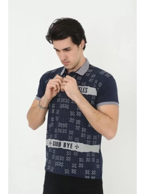 Erkek Yakalı Slim Fit Baskılı T-Shirt - Lacivert