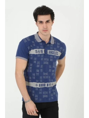 Erkek Yakalı Slim Fit Baskılı T-Shirt - Mavi