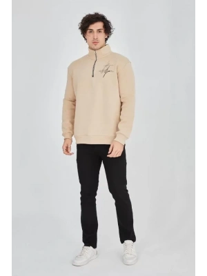 Erkek Yarım Fermuarlı Baskılı Sweat - Bej