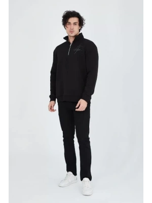 Erkek Yarım Fermuarlı Baskılı Sweat - Siyah
