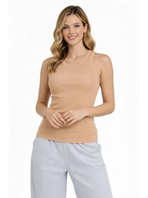 Fitilli Atlet Sıfır Yaka Slim Fit Arka Baskılı Spor Atlet - Bej