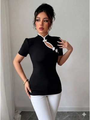 Kadın Beyaz şerit Detaylı Dar Kesim Dik Yaka Bluz