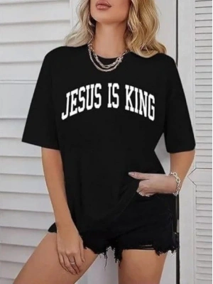 Kadın Bisiklet Yaka Kısa Kol Baskılı T-shirt - Siyah