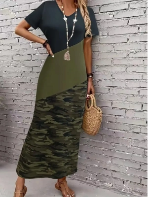 Kadın Kısa Kollu Bisiklet Yaka çok Renkli Maksi Viskon Elbise