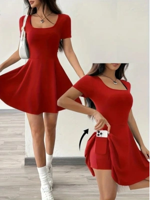 Kadın Kısa Kollu Kare Yaka Short Detaylı Cepli Dalgıç Elbise