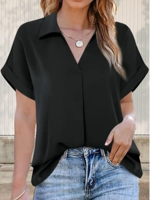 Kadın Kısa Kollu Yakalı Uzun Sandy Bluz