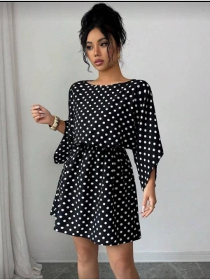 Kadın Puantiyeli örme Krep Mini Elbise (kemersiz)