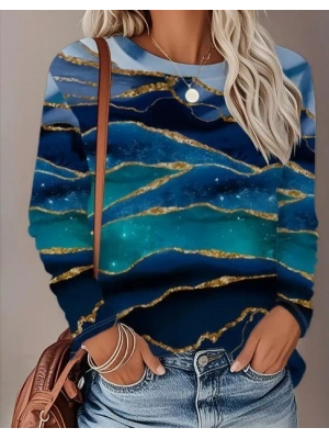 Kadın Uzun Kollu Bisiklet Yaka Desenli Modal Bluz